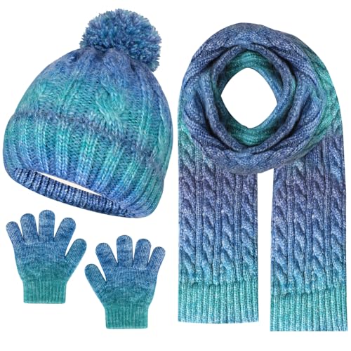Kids Winter Hat Scarf Gloves Set, Kids Beanie Hat Long Scarf Mittens with Warm Fleece Lining for Boys Girls 3-10 Years Old