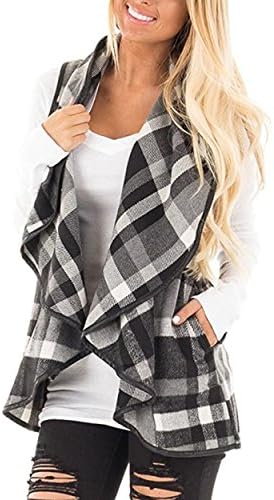 Eunha Women's Lapel Open Front Sleeveless Plaid Vest Cardigan Sweater Coat