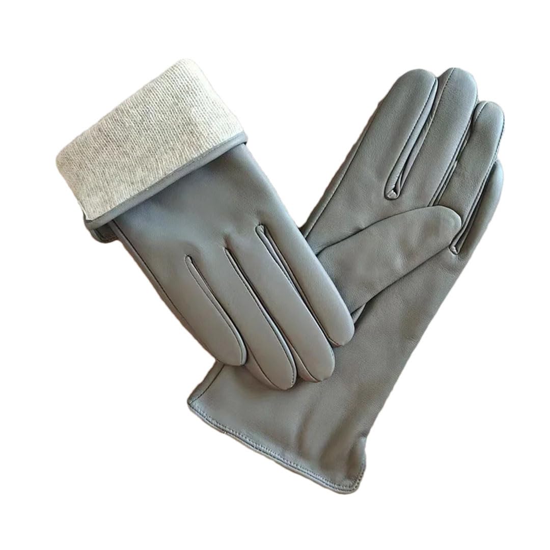 Damen-Handschuhe aus Schaffell, Leder, gerader Stil, Wollfutter, Winter, warm, Motorradfahren, Autofahren, Fingerhandschuhe, Dunkelgrau, Größe 9 8