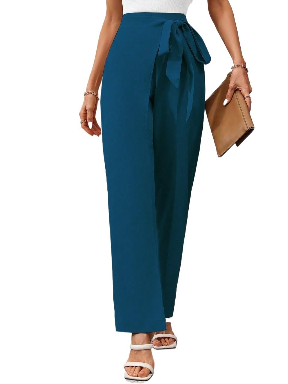 RAISER Womens Business Work Casual Pants Solid Color Wrap Tie Straight-Leg Pants High Waist