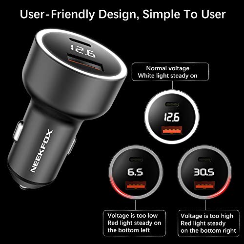 Car Charger, NEEKFOX Mini Dual Port Car Charger, 27W Metal USB Charger Voltage Display with Power Delivery Quick Charge 3.0, Car Adapter Compatible with iPhone 12 pro/XR/Xs/Max, iPad, Galaxy and More