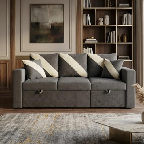 Image of FURNY Trivia 4 Seater RHS Lounger Sofa Cum Bed (Dark Gray) with Pull-Out Function | Luxury Velvet Suede Finish | Durable Comfort | Ideal for Living Room