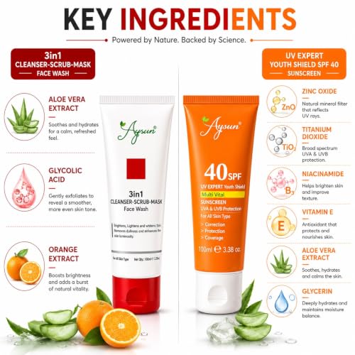 Image of Aysun 3-in-1 Cleanser Scrub Mask Face Wash (100ml) + SPF 40 Multi Vital Sunscreen (100ml) | Deep Cleansing, Exfoliation & Daily Sun Protection | Suitable for All Skin Types | Combo Pack Of 2