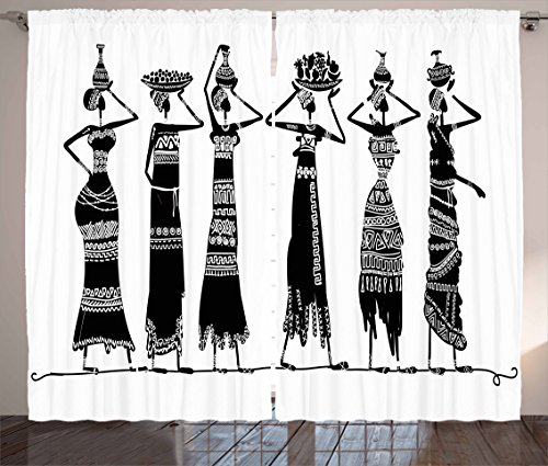 Ambesonne African Curtains, Sketch of Local Women with Jugs Silhouettes Patterned Dresses, Living Room Bedroom Window Drapes 2 Panel Set, 108" X 63", Black and White