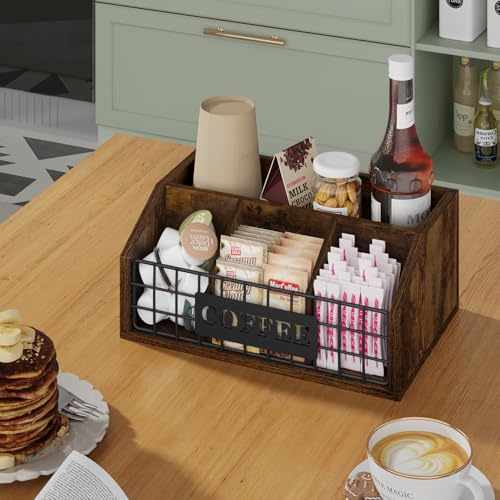 YINMIT Coffee Station Organizer for Countertop, Wood Coffee Bar Organizer with Removable Dividers for Pods, Syrup, Cups, Stirrer, Tea - Office Bar Accessories, Iron Wire-Vintage Brown - Thumbnail 6