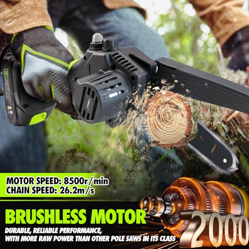 2-in-1 Cordless Pole Saw, 6 Inch Brushless Pole Chainsaws Mini Handheld Chainsaw with 2× 21V Batteries, 6.5lb Lightweight, Auto Oiling, 15 FT MAX Extension Pole Saws for Tree Trimming