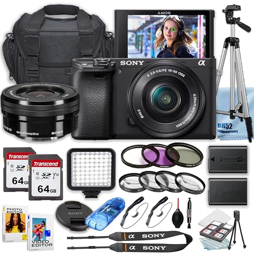 Sony a6400 Mirrorless Camera with Sony E PZ 16-50mm f/3.5-5.6 OSS Lens + Deluxe Case + 128GB Memory + Filters + 50 Inch Tripod + Extra Battery + LED Square Light (25PC Bundle) (Renewed)