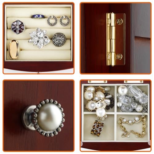 RR ROUND RICH DESIGN Jewelry Box - Made of Solid Wood with Tower Style 4 Drawers Organizer and 2 Separated Open Doors on 2 Sides and Large Mirror Brown - Image 5