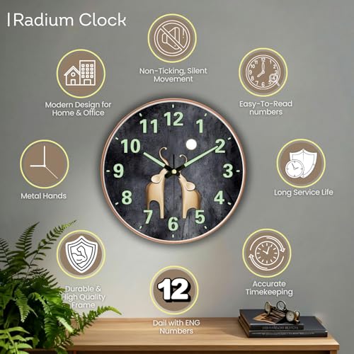 Image of WHISKET - 12 Inch | Luxury Designer Radium Wall Clock with Night Glow Numbers - Silent Analog Clock with Elegant Floral Design for Living Room, Bedroom & Office Decor. (Radium Elephant)