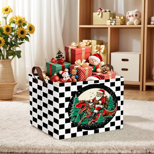 Image of Empty Large Christmas Basket for Gifts Women Collapsible Storage Bin Kids Toy Box Holiday Decor (Checkered Dinosaur)
