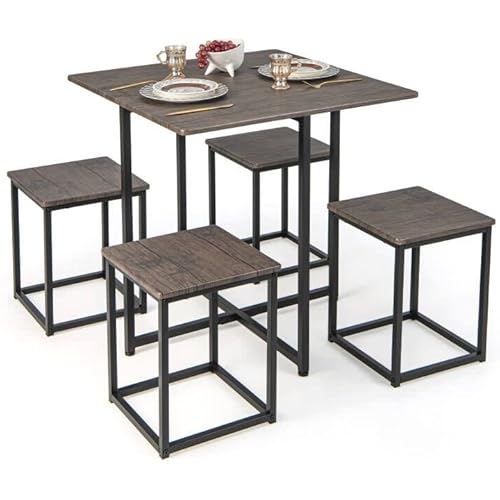 Giantex 5 Piece Dining Table Set, Industrial Kitchen Table Set w/ 4 Stools, Square Space-Saving Table and Chairs for Small Spaces, Apartment, Dining Room, Dinette Sets w/Metal Frame (Gray & Black)