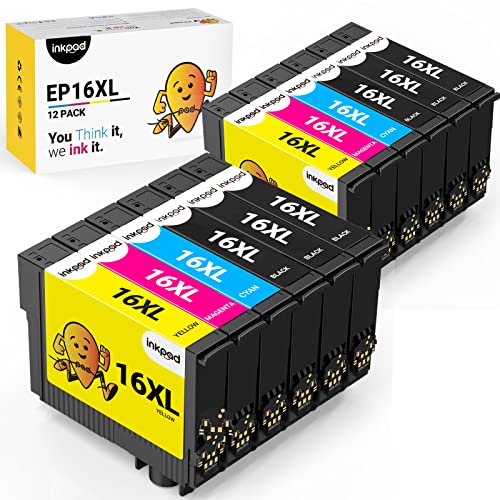 INKPAD 16XL Cartouche d'encre Compatible pour Epson 16 Epson 16XL pour Epson WF 2510 WF-2630 WF-2520 WF-2010 WF-2530 WF-2630 WF-2650 WF-2660 WF-2750 WF-2760 (12 Pack)