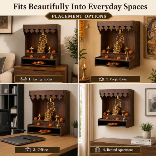 Image of The Castle Decor Wooden Mandir for Home, Wall Hanging & Tabletop Pooja Temple with Ganesha Cutwork, 2-Tier Storage Shelf, MDF Mandir for Pooja Room, Office, Hostel & Apartment, 13 x 15 x 8 Inch