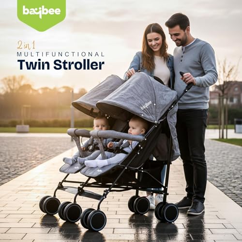 Image of Baybee 2-in-1 Twin Baby Stroller for 0-3 Years | Lightweight Foldable Pram for 0 to 5 Years | Adjustable Canopy, Safety Guardrail, Wheel Lock & Parental Handle | Baby Stroller for Boys & Girls (Grey)