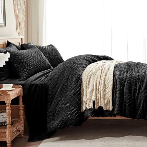 Image of Zzlpp Queen Comforter Set 7 Pieces, Black Tufted Bed in a Bag with Comforter and Sheets,All Season Boho Bedding Sets with Comforter, 2 Pillow Shams, 2 Pillowcases, 1 Flat Sheet, 1 Fitted Sheet