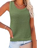 Zeagoo Womens Summer Crochet Sleeveless Sweater Vest Round Neck Hollow Out Knit Tank Tops Casual Loose Cami Tops Army Green