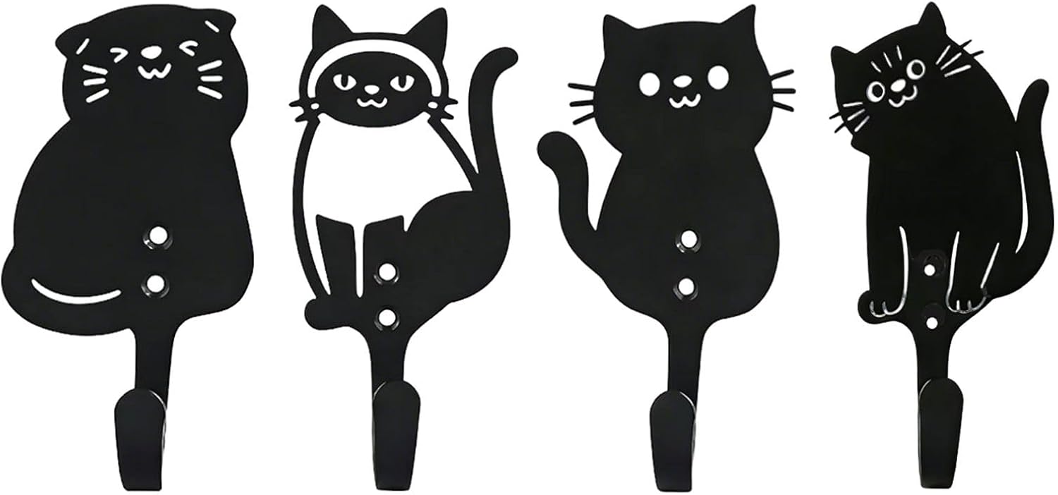 Ochine 4 Pcs Cute Cat Metal Hooks Wall Mount Iron Black Decorative Wall Mounted Coat Hooks, Cute Animal Key Hanger Decor Utility Wall Hooks for Coat, Towel, Scarf, Hat, Key, etc