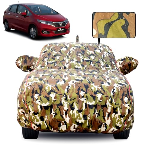 Image of Waterproof Car Body Cover for Honda Jazz (2015-2026) with Mirror Pocket, Soft Cotton Lining, Triple Stitched, Full Bottom Elastic (Heat Resistant Jungle Print with Red Piping)