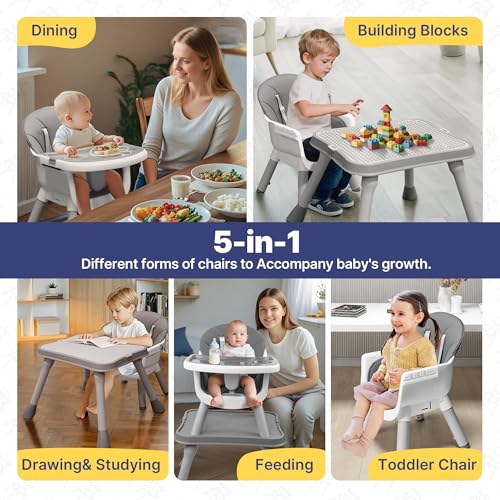 Image of 5 in 1 Baby High Chair, Toddler Chair with Removable Tray, Convertible High Chairs for Babies and Toddlers, Kids Learning Table, Building Block Table, Dining Booster Seat with Safety Harness, Gray