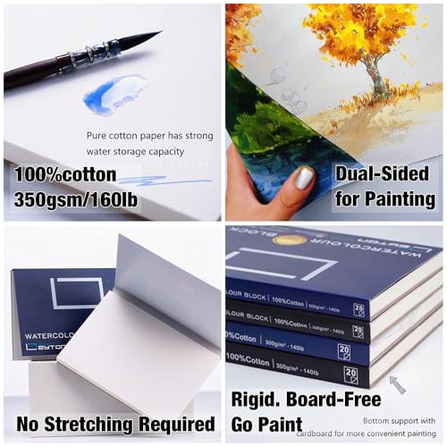 Image of Non-Warping 100% Cotton Watercolor Paper Block - 20 Sheets of 160lb /350gsm Cold Press Water Color Art Supplies for Wet, Dry, and Mixed Media Painting, for Watercolor, Gouache, Acrylic (7 x 5'')