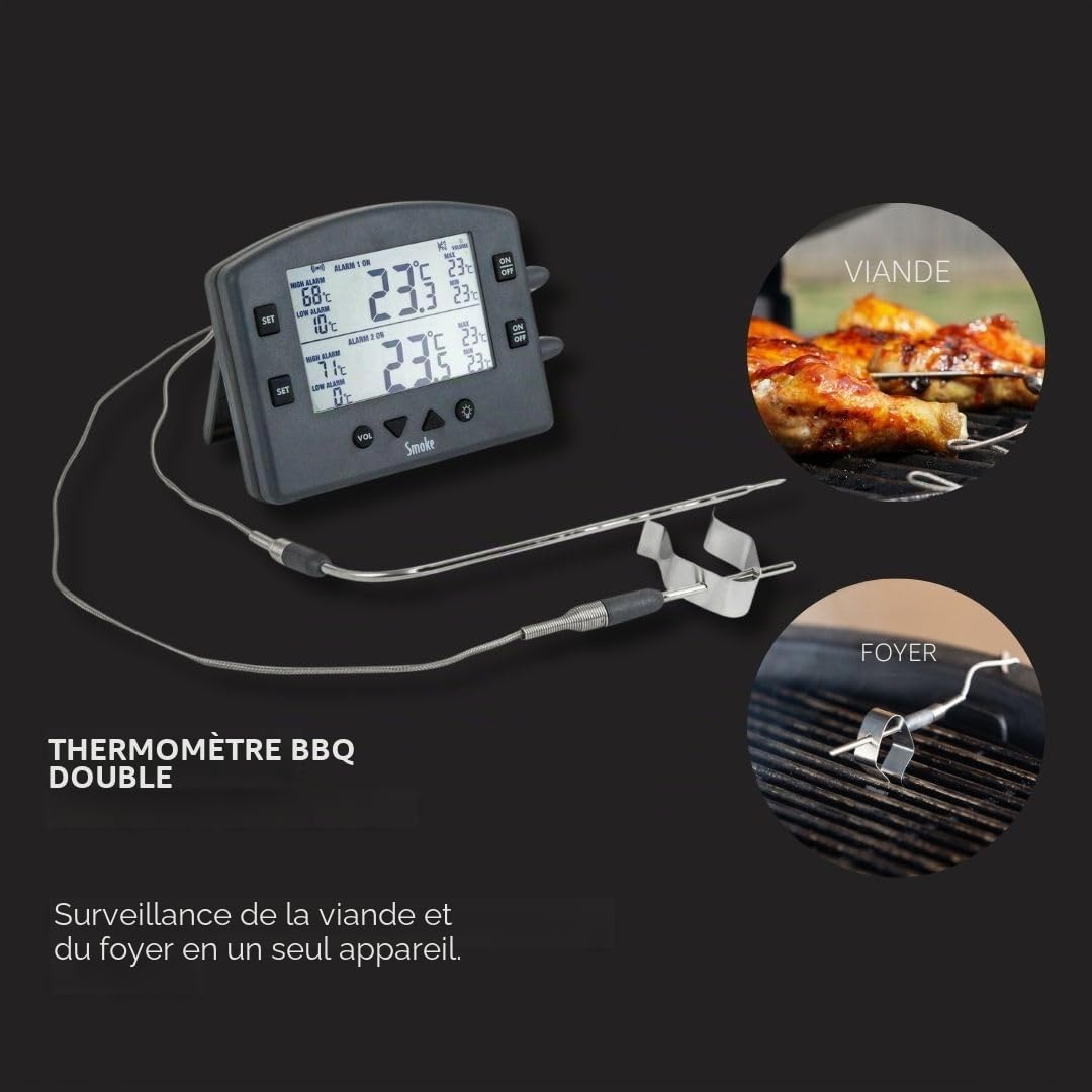Smoke Thermomètre de cuisson sans fil, 2 canaux avec alarme, idéal pour barbecues