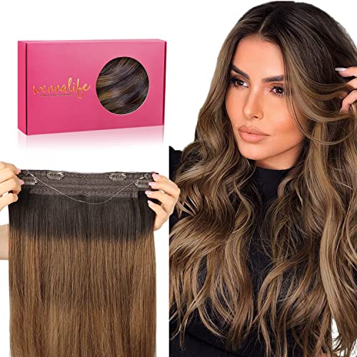 Image of WENNALIFE Wire Hair Extensions Real Human Hair 16 inch 95g Dark Brown to Chestnut Brown and Dirty Blonde Highlighted Remy Wire Hair Extensions Invisible Real