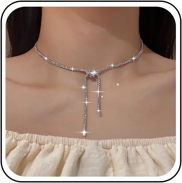 Rhinestone Choker Necklace Bridal Necklace Silver Tennis Chain Necklace Crystal Chain Y Lariat Necklace Cubic Zirconia Lariat Necklace CZ Chain Y Shape Necklace