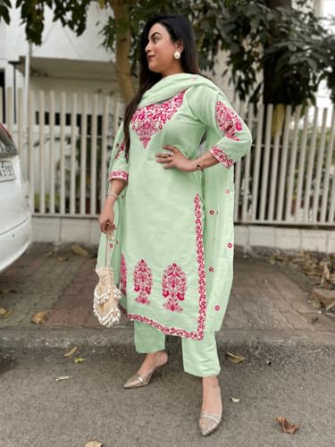 Image of GoSriKi Kurta Sets for Women Viscose Embroidered | Kurta Pant Dupatta Set | Straight Kurti Set for Women | Round Neck 3 /4 Sleeve Ethnic Suit | Designer Indian Kurti Outfit with Pants