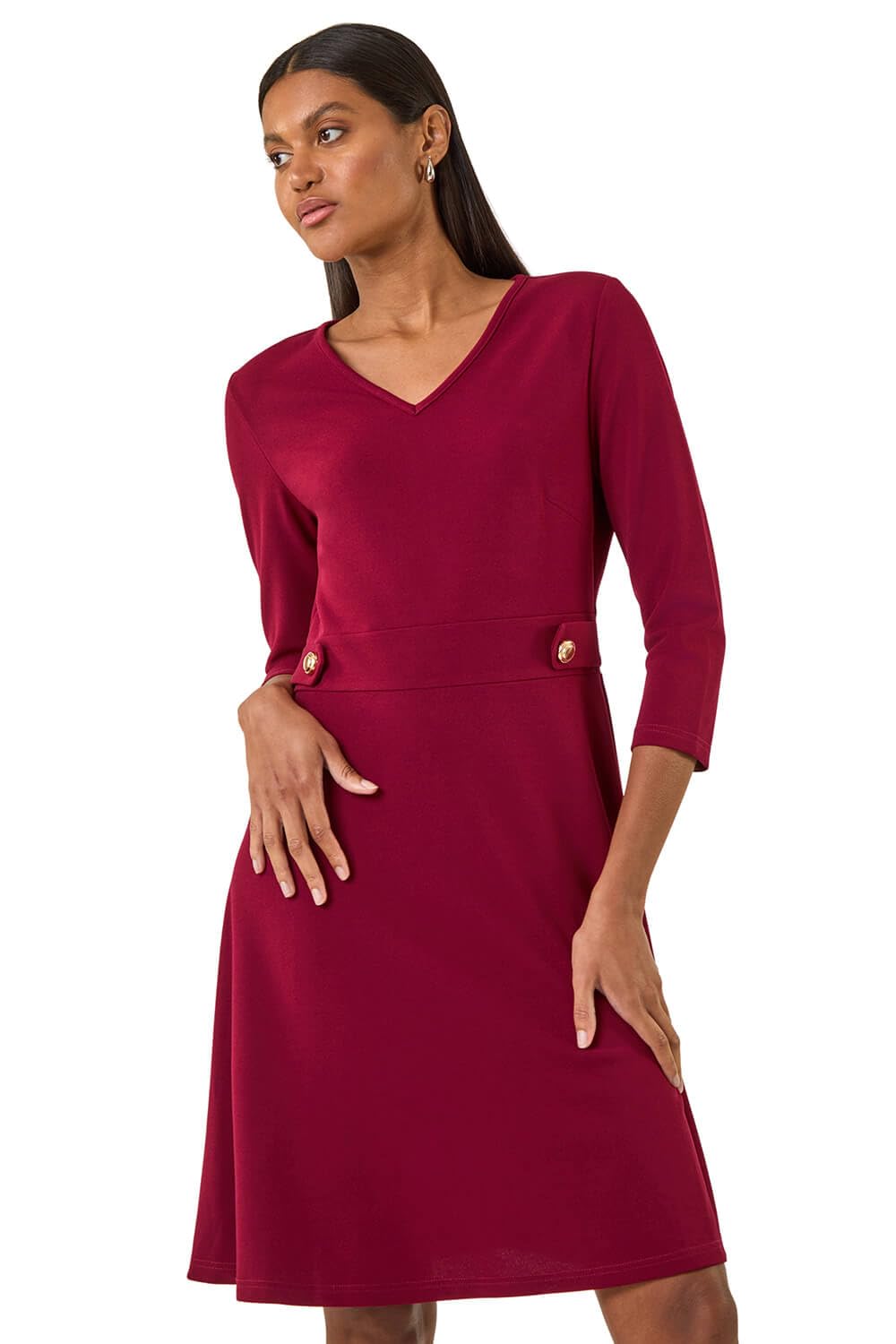 Roman Originals Women's Wine V-Neck Buttoned Stretch Dress For Uk - Everyday Autumn Winter V-Neckline Comfy Soft Evening Vacation Work Party Night Out - Size 14