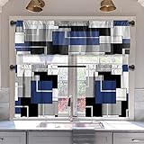 MCALK Navy Blue Blackout Kitchen Curtains Tiers and Valances for Windows, Geometric Modern Art Kitchen Window Curtains, Grey and Black Valances for Living Room (36' Tiers Set)