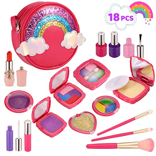 Esnowlee Makeup Kits for Girls 18PCS Kids Pretend Play Makeup Toy Set with Rainbow Bag for Little Girls Birthday Gifts