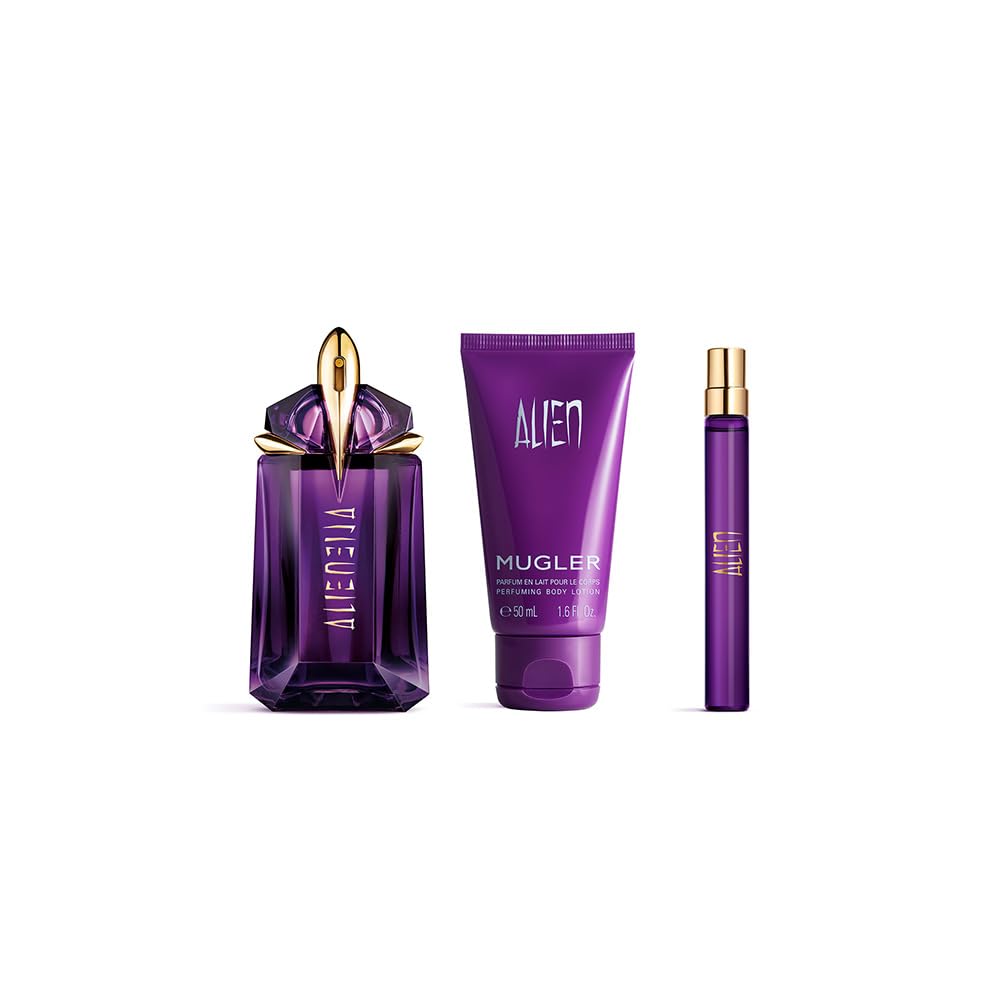 MUGLER Cofanetto Alien, Eau de Parfum + Eau de Parfum e Lozione Corpo, Profumo Donna, Profumo Ambrato, Legnoso e Floreale, Fragranza Straordinaria, Ricaricabile, 60 ml + 10 ml + 50 ml