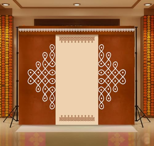 Image of FestivalBackdrops Brown Terracotta Kolam Printed Backdrop 8Ft-10Ft for Pooja & Wedding Decoration, Fully Stitched with Curtain Rod Loops | Ideal for South Indian Pooja, Festivals & Mandir Decoration