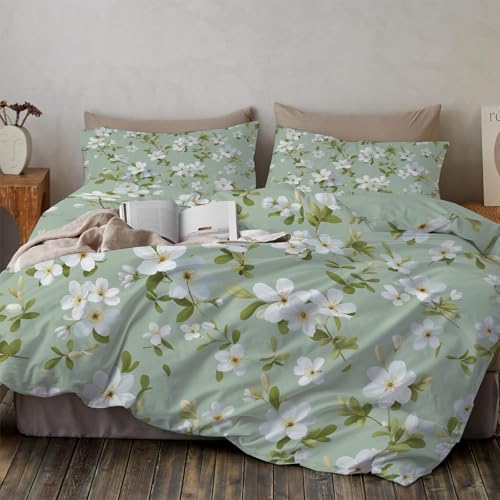 Housse de couette 140x200cm fleurs blanches parure de lit vert sauge - 4