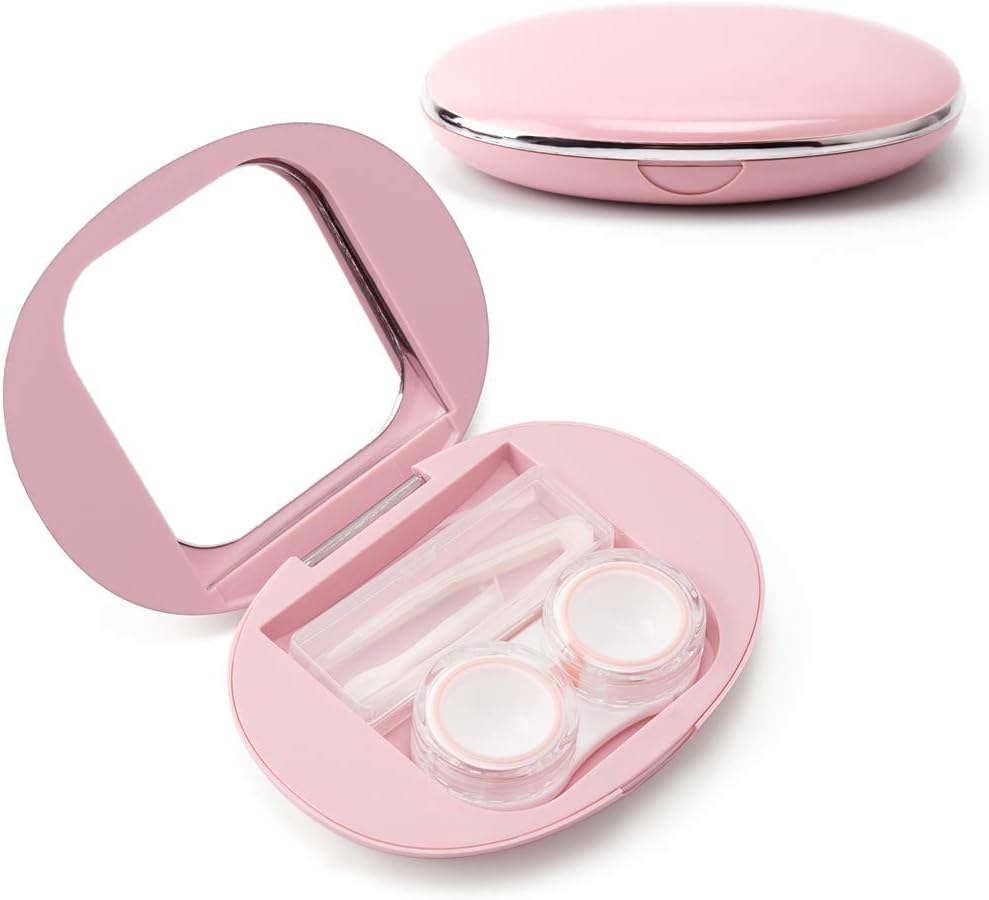 Contact Lens Case, Cute Contact Lens Holder Contact Lenses Travel Case with Removal Tool Mirror and Tweezers Contacts Container Storage Kit for Women and Girl (Pink)
