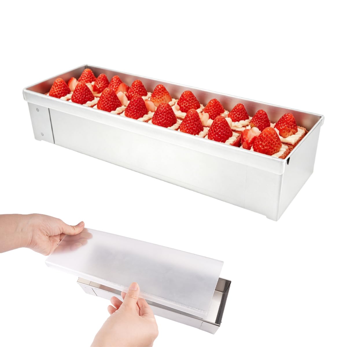 Stampo per Tiramisù In Acciaio Inox da 30 cm con Bordi Laterali Rimovibili, Stampo Rettangolare Antiaderente per Torte Tiramisù con Coperchio Trasparente, Facile da Conservare In Frigorifero