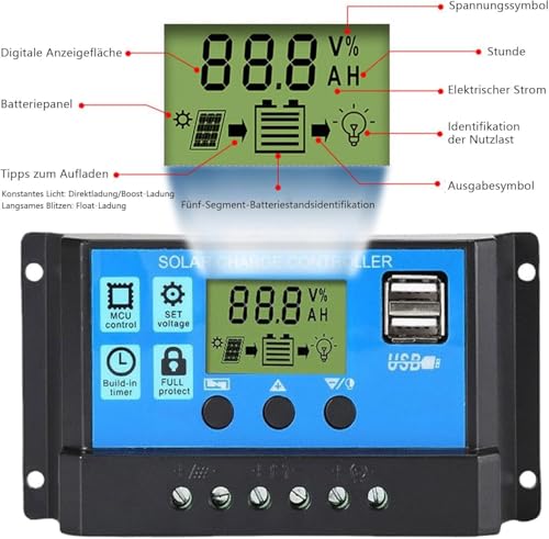 OOYCYOO 10A 12V/24V Solar Laderegler Solar Ladegerät Controller Solarpanel Batterie Intelligente Solarregler mit 5V Dual USB Port LCD Anzeige für Blei Säure Batterien