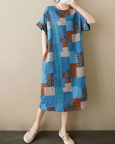 Image of LUZU JUNU Women's Summer Baggy Plus Size Loose Cotton Linen Long Boho Beach Dress with Pockets
