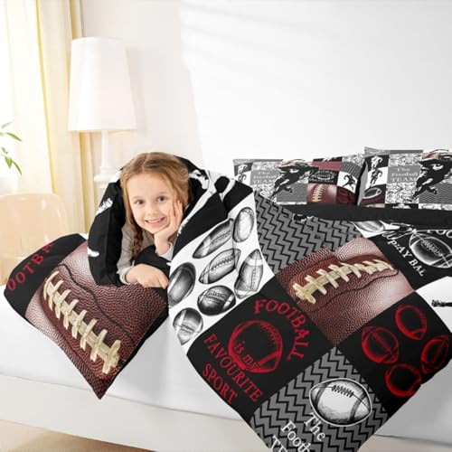 Image of Feelyou Football Comforter Set King Size Sports Geometric Black Patchwork Bedding Set for Kids Boys Girls Rugby Gaming Sports Duvet Quilt Bedroom Decor Microfiber 3 Pcs with 2 Pillow Cases