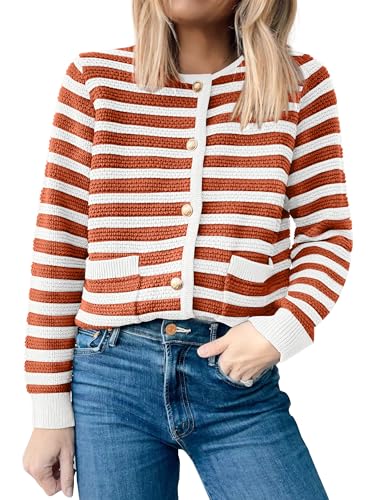 ANRABESS Womens Cardigan Sweater Long Sleeve Button Down Lady Tweed Knit Jackets 2025 Fall Outfits White Orange Strip Large