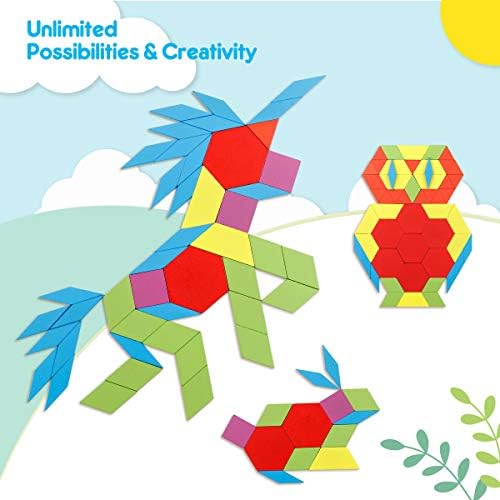 Coogam 160 PCS Wooden Shape Puzzle Pattern Blocks, Tangrams Geometric Brain Teaser Toy Game, Geo Montessori Preschool Learning Activity STEM Gift for Kids with 24 Pcs Design Cards 5 51KC9sEWG3L. AC