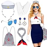 Grantop 6 teiliges Matrosen Kostüm Damen Set,Matrosen Set Damen mit Hut,Gestreiftem Schal,Weißen Handschuhen,Blauer Sonnenbrille,Anker Ohrringen Tasche,Marine Theme Costume für Fasching Halloween