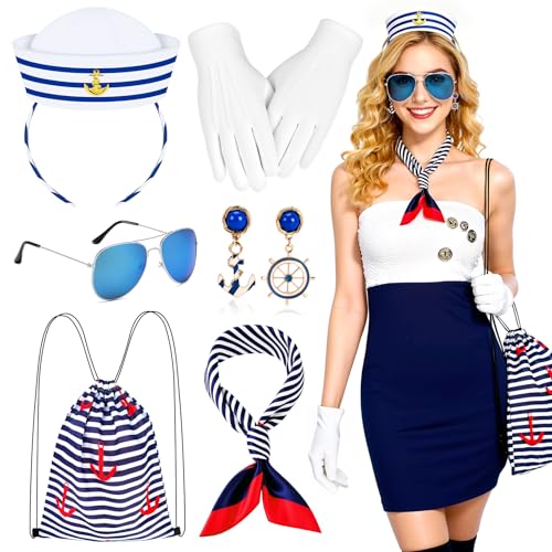 Grantop Costume de marin 6 pièces pour femme - Avec chapeau, écharpe rayée, gants blancs, lunettes de soleil bleues, sac de boucles d'oreilles ancre, costume marin pour carnaval et Halloween