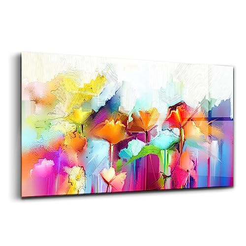 Peinture sur verre fleurs colorées 140x70cm pour illuminer votre grand salon contemporain