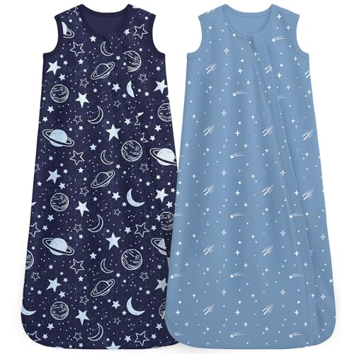 Image of Baby Sleep Sack 0-6 Months 0.5 Tog Baby Wearable Blanket 100% Cotton Sleeping Sack with 2-Way Zipper for Newborn Infant Dark Blue Planet