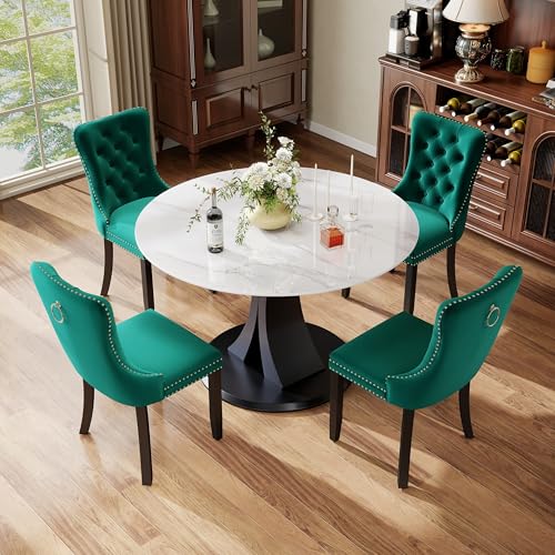 Image of 5-Piece Dining Table Set with 39In Faux Marble Table and 4 Velvet Upholstered Chairs, Modern Scandinavian Furniture for Dining Room Kitchen(Green)