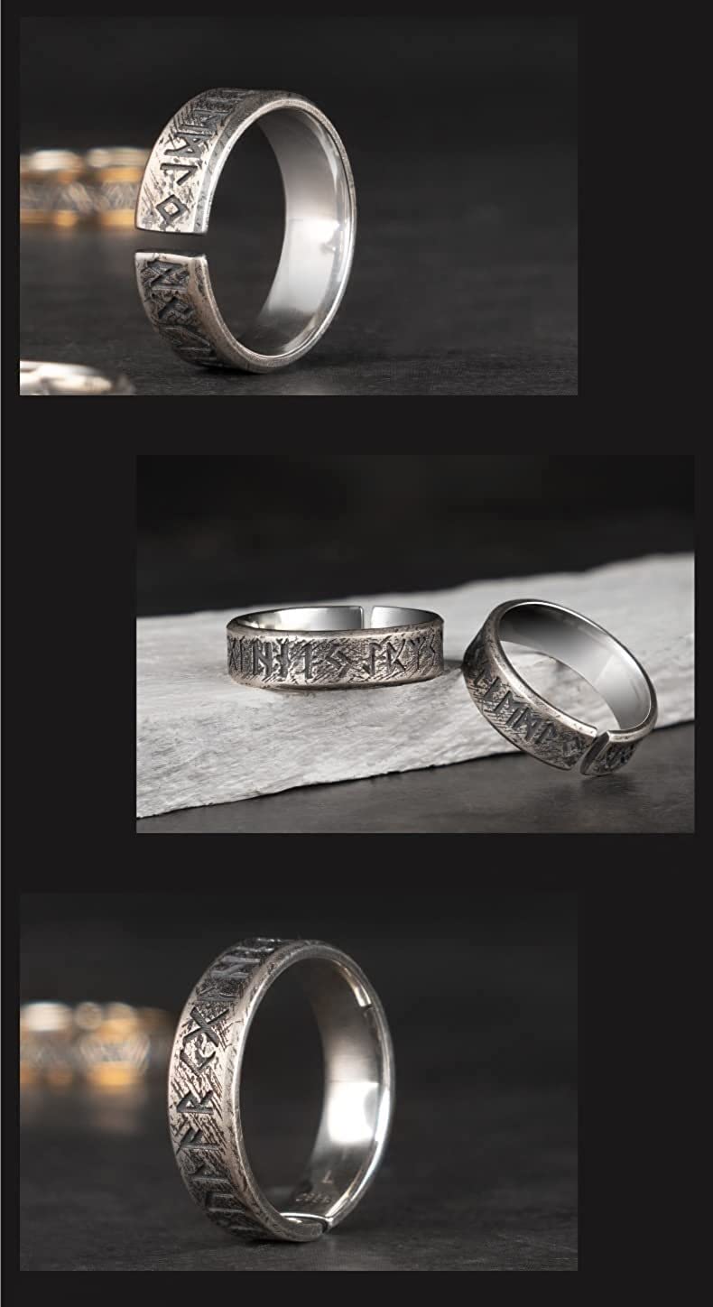 Chinese Lucky Feng Shui Auspicious Ring ， Feng Shui Mantra-Ring, Vintage Schwarzer Sterling Silber Elder Futhark Runen Ring Nordischer Wikingerschmuck for Männer Frauen Verstellbare Größe S/M/L(M)
