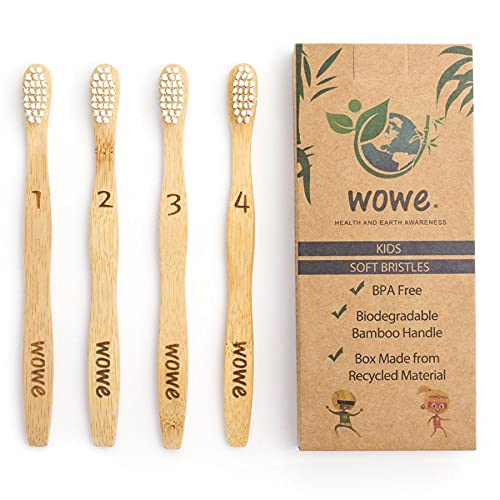 Wowe Lifestyle Natural Organic Bamboo Toothbrush Wood, Ergonomic Biodegradable Handle, Soft BPA Free Bristles, Pack of 4 (Celebrate)