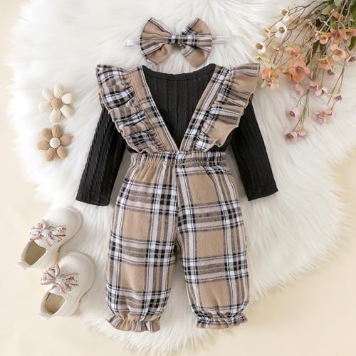 Baby Girl Clothes Newborn Suspender Overalls Long Sleeve Ribbed Romper Fall Winter Outfits Bow Headband 0-18 Months3