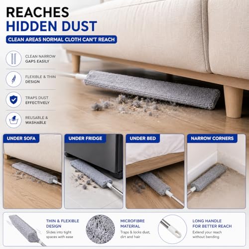 Image of Slim Gap Duster with Feather Duster Combo Flexible Flat Cleaner for Under Sofa Bed Refrigerator Furniture Fan Dust Cleaning